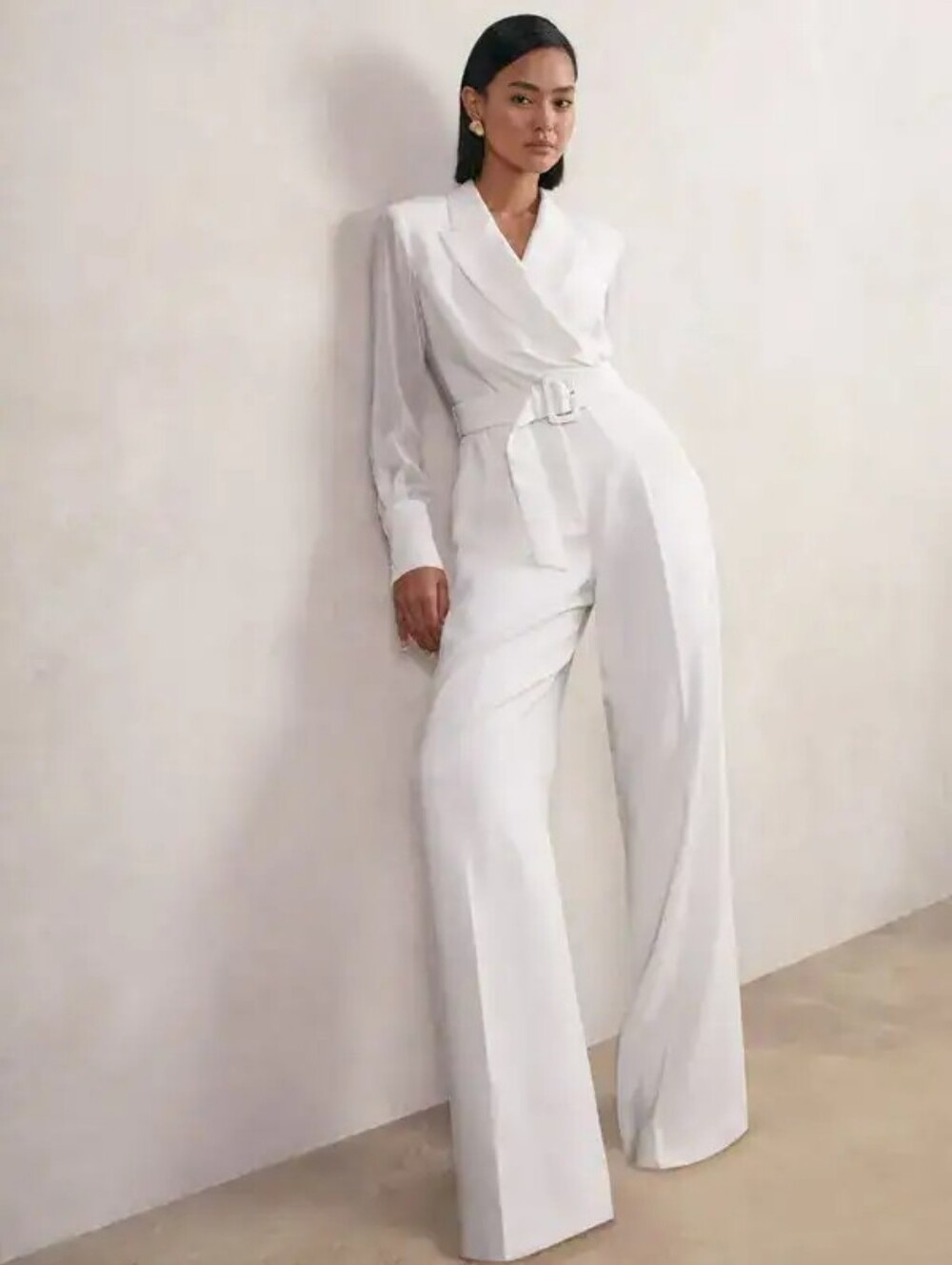 Reiss FloraSheer-Sleeve Wide-Leg Tuxedo Jumpsuit in Ivory Size 6